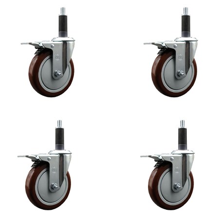 Service Caster 5'' SS Maroon Poly Swivel 1'' Expanding Stem Caster Set Total Lock Brake, 4PK SCC-SSEXTTL20S514-PPUB-MRN-1-4
